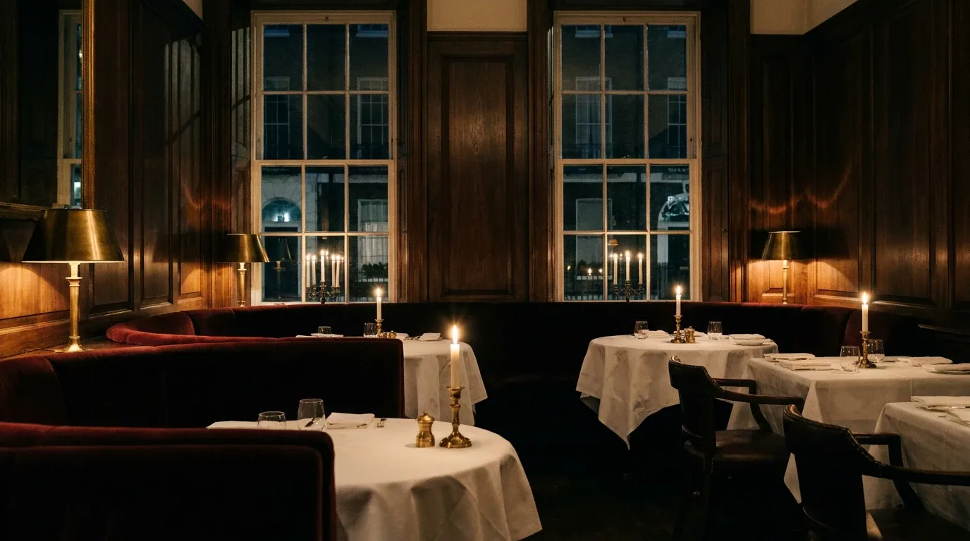 The candlelit dining room with velvet banquettes and walnut panelling