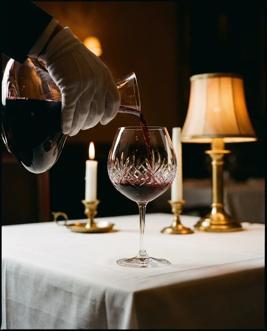 A sommelier decanting red wine into a crystal glass